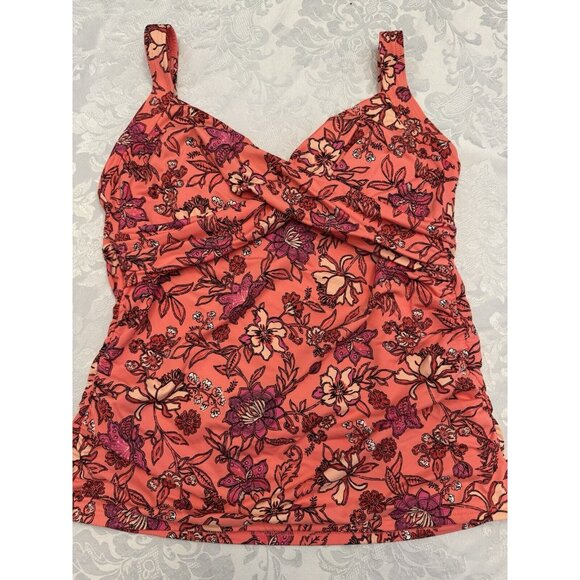 Lands End Size 8‎ V Neck Wrap Underwire Tankini Swimsuit Top Orange Pink Floral - Picture 1 of 6